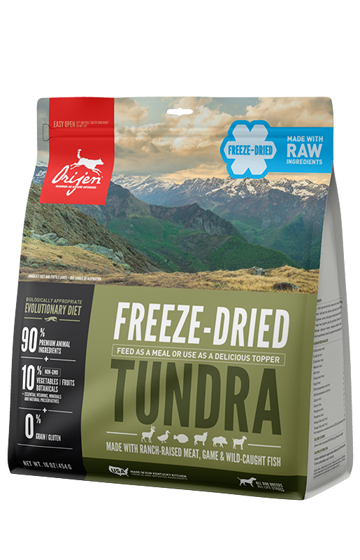 ORIJEN Grain Free Tundra Adult Freeze Dried Dog Food front of bag.