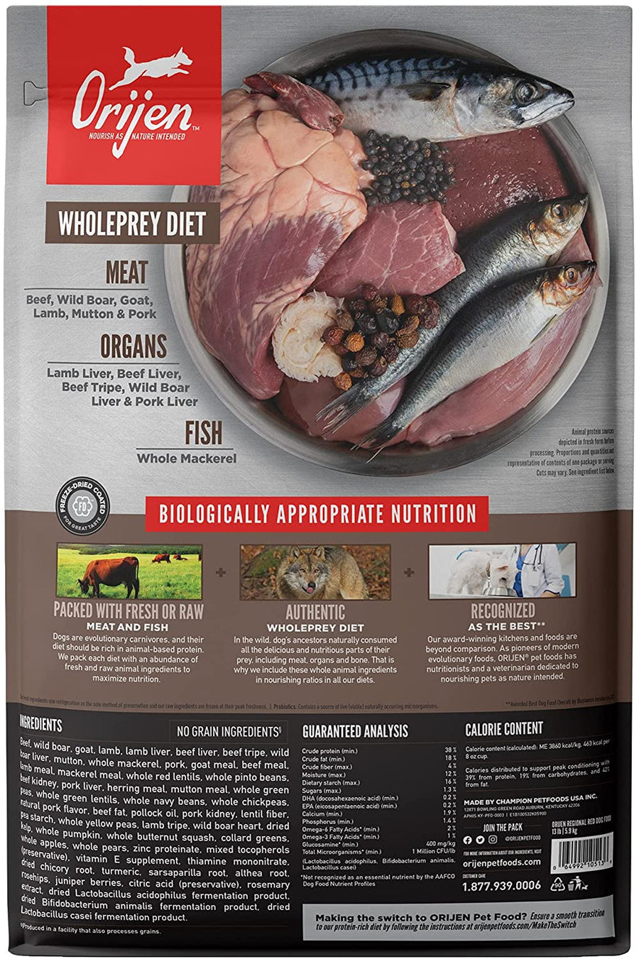 ORIJEN Regional Red Dry Dog Food back of bag.