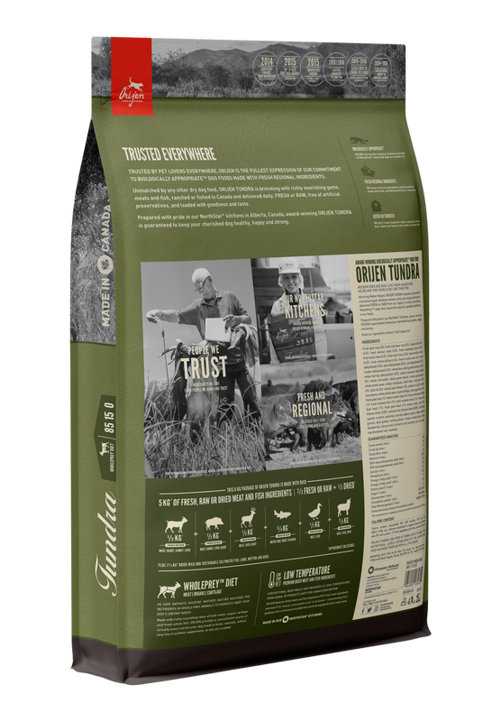 ORIJEN Tundra Dry Dog food back of bag.