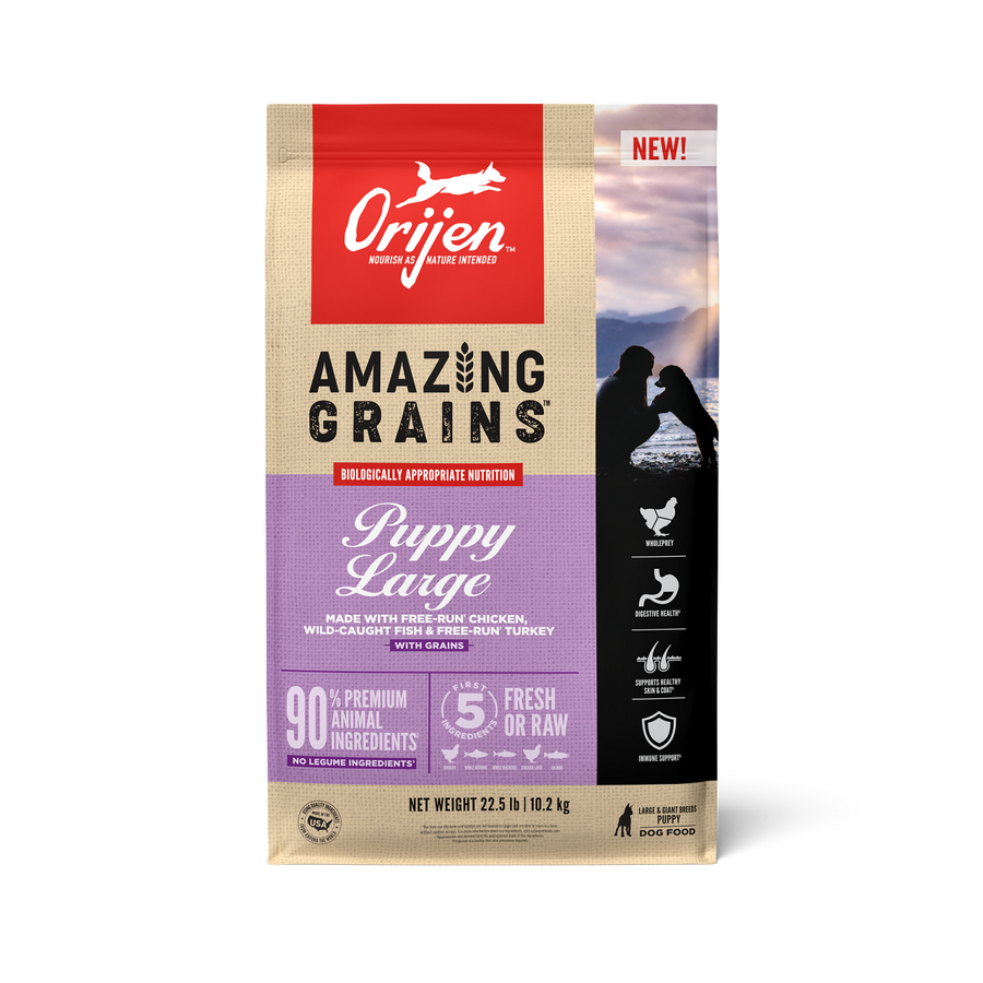 Orijen Amazing Grains Large Breed Puppy Formula Dry Dog Food front of bag.