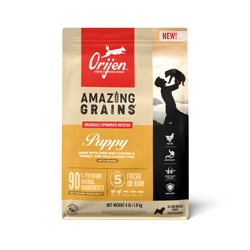 Orijen Amazing Grains Puppy Formula Dry Dog Food front of bag.