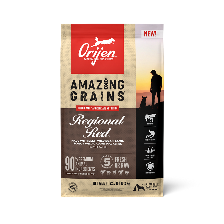 Orijen Amazing Grains Regional Red Formula Dry Dog Food front of bag.