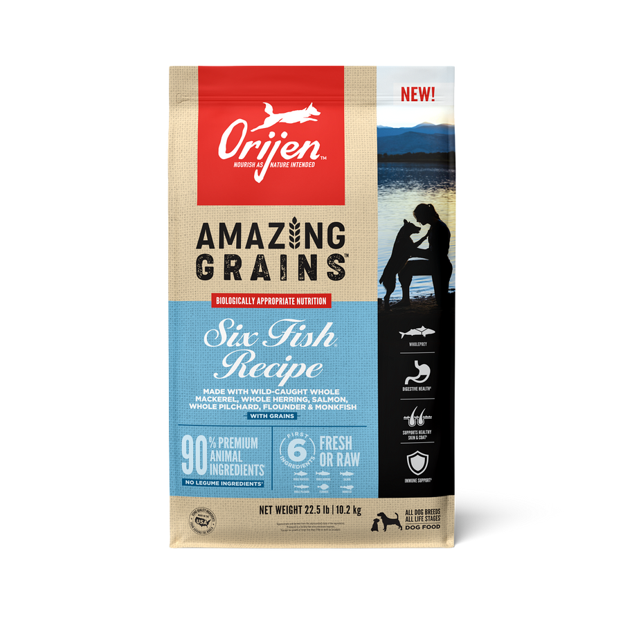 Orijen Amazing Grains Six Fish Formula Dry Dog Food front of bag.
