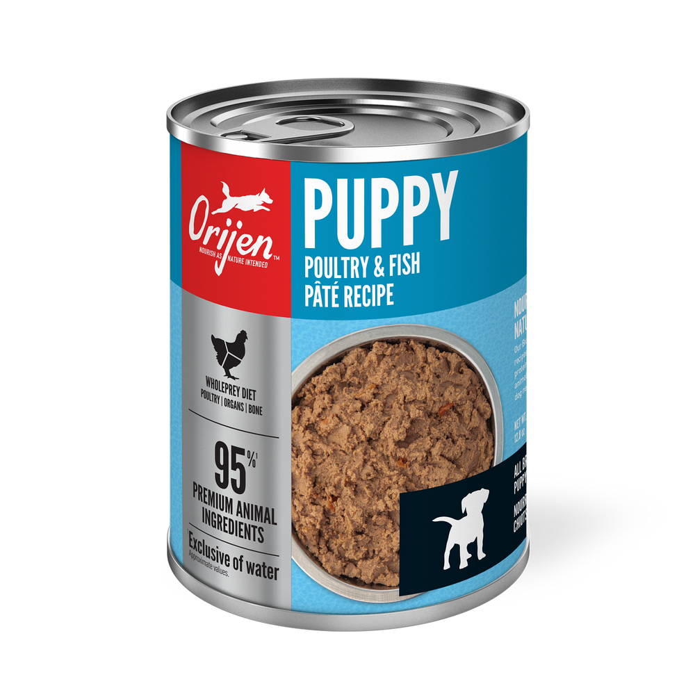 Orijen Premium Puppy Poultry & Fish Pate Canned Dog Food front of can.