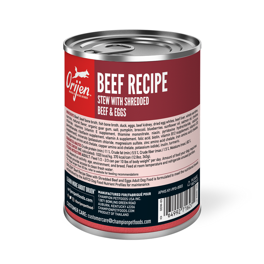 Orijen Premium Shredded Beef & Eggs Stew Recipe Canned Dog Food back of can.