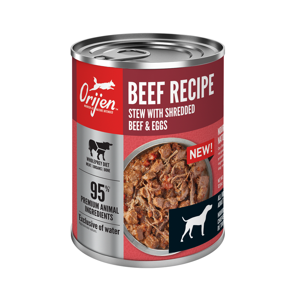 Orijen Premium Shredded Beef & Eggs Stew Recipe Canned Dog Food front of can.