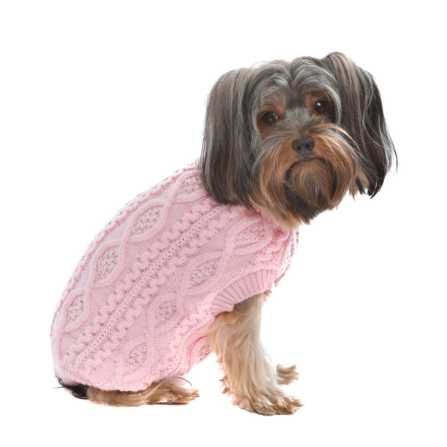 Parisian Pet Pullover Cable Knit Dog Sweater in Pink, dog wearing sweater 