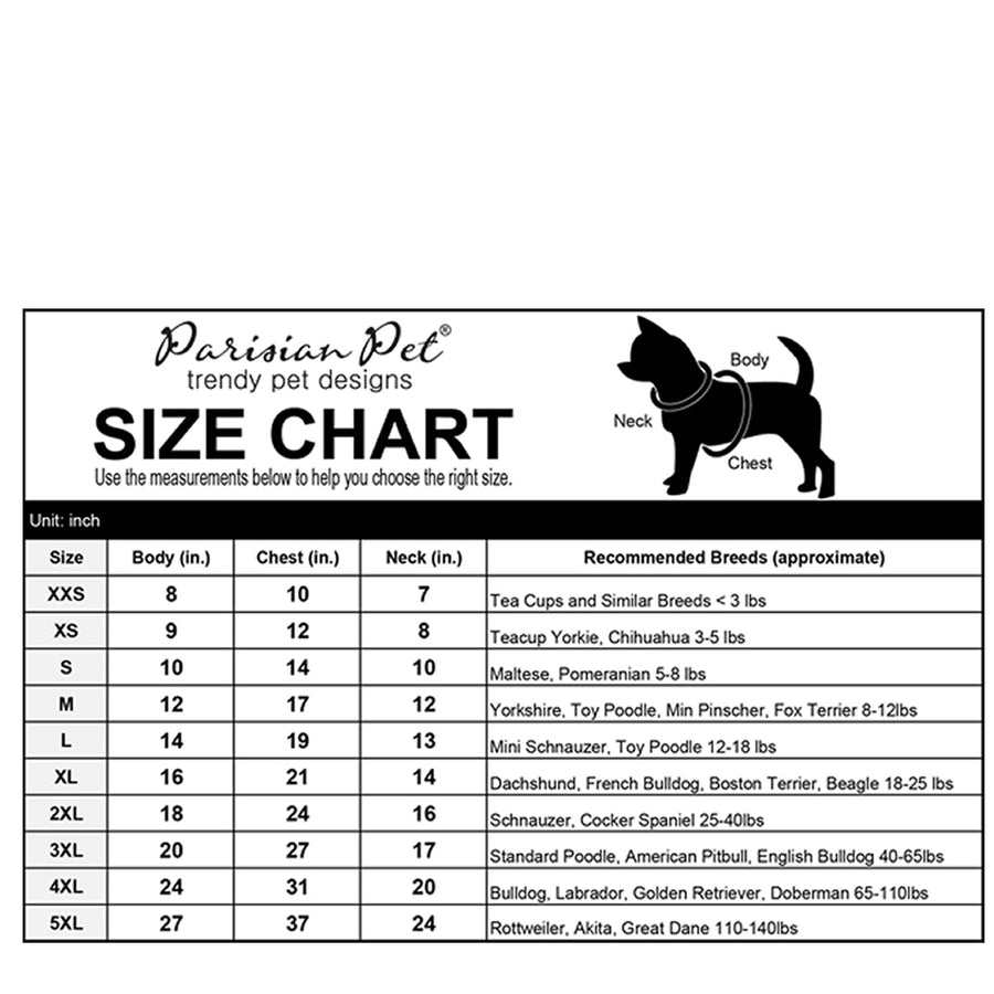 Parisian Pet Pullover Cable Knit Dog Sweater in Pink Size Chart and recommended breeds