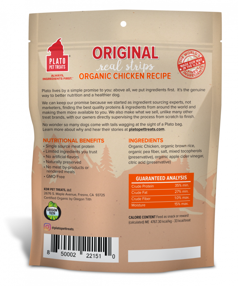 Plato Organic Chicken Strips Dog Treats 18oz, Back Pouch