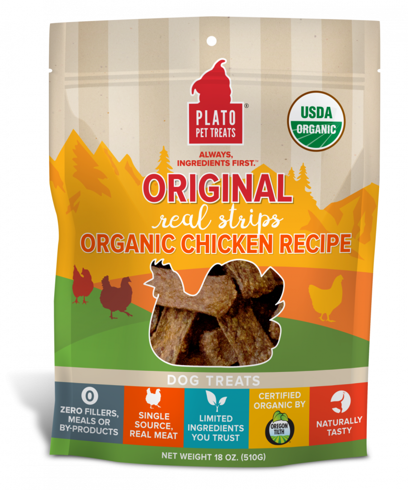 Plato Organic Chicken Strips Dog Treats 18oz, Front Pouch