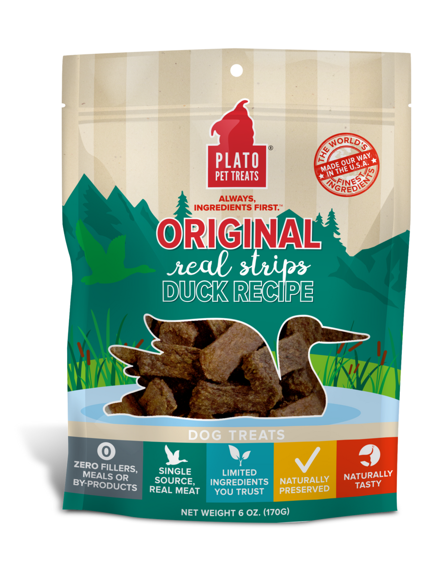 Plato Real Strips Duck Meat Bar Dog Treats 6oz, Front Pouch