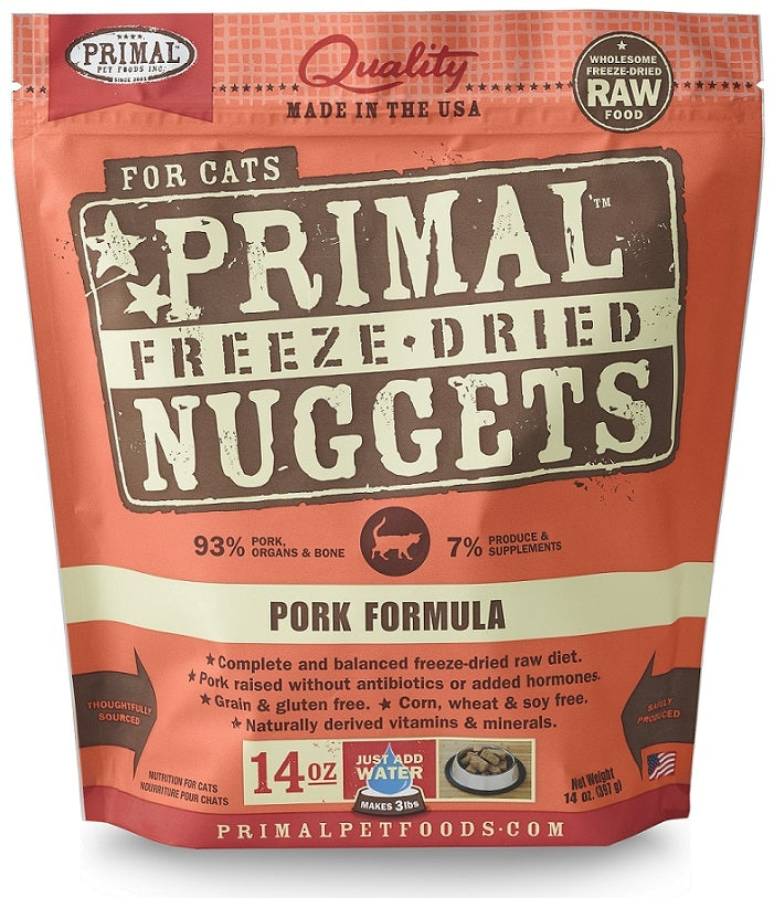 Primal Freeze-Dried Nuggets Grain Free Pork Formula Complete Diet Cat Food 14oz, Front Pouch