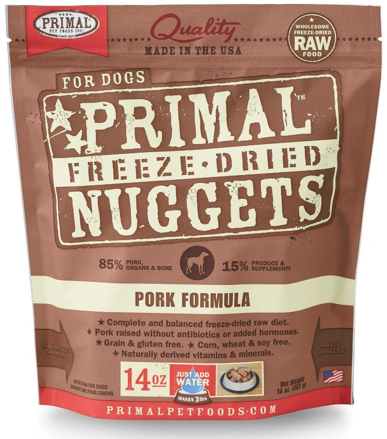 Primal Freeze-Dried Nuggets Grain Free Pork Formula Complete Diet Dog Food 14oz, Front Pouch