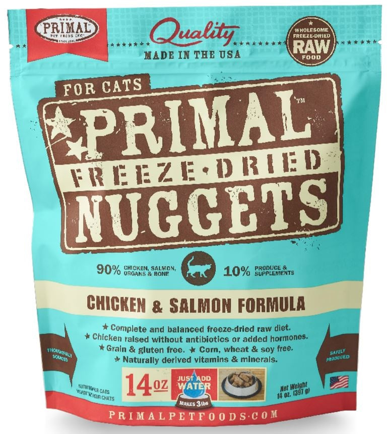 Primal Freeze Dried Nuggets Grain Free Chicken and Salmon Formula Cat Food 14oz, Front Pouch