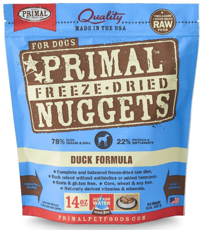 Primal Freeze Dried Nuggets Grain Free Duck Formula Dog Food 14oz, Front Pouch