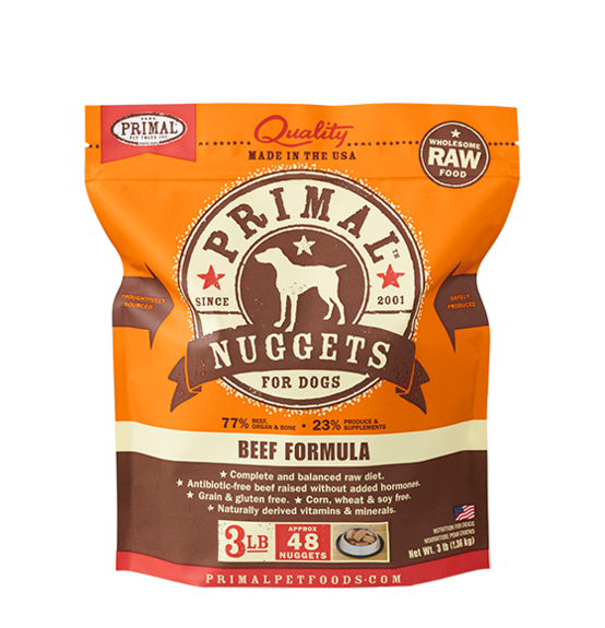 Primal Frozen Raw Beef Formula for Dog 3lbs Nuggets, Front Pouch