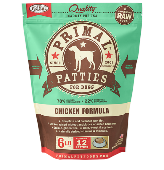 Primal Frozen Raw Chicken for Dog Patties 6lbs, Front Pouch