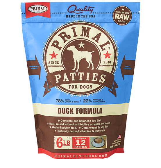 Primal Frozen Raw Duck Formula for Dog 6lbs, Front Pouch