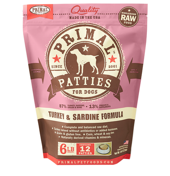 Primal Frozen Raw Turkey & Sardine Formula for Dog 6lb, Front Pouch
