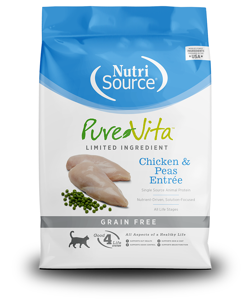 PureVita Grain-Free Chicken & Peas Entree Dry Cat Food front of bag.