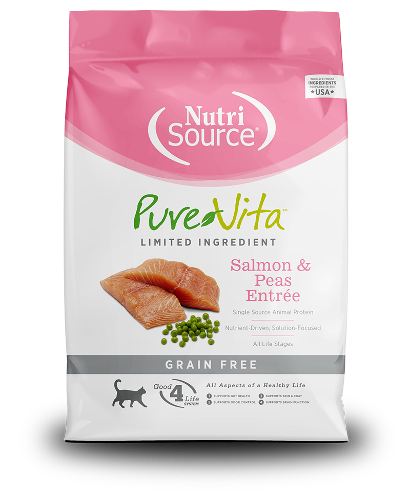 PureVita Grain Free Salmon and Peas Dry Cat Food front of bag.