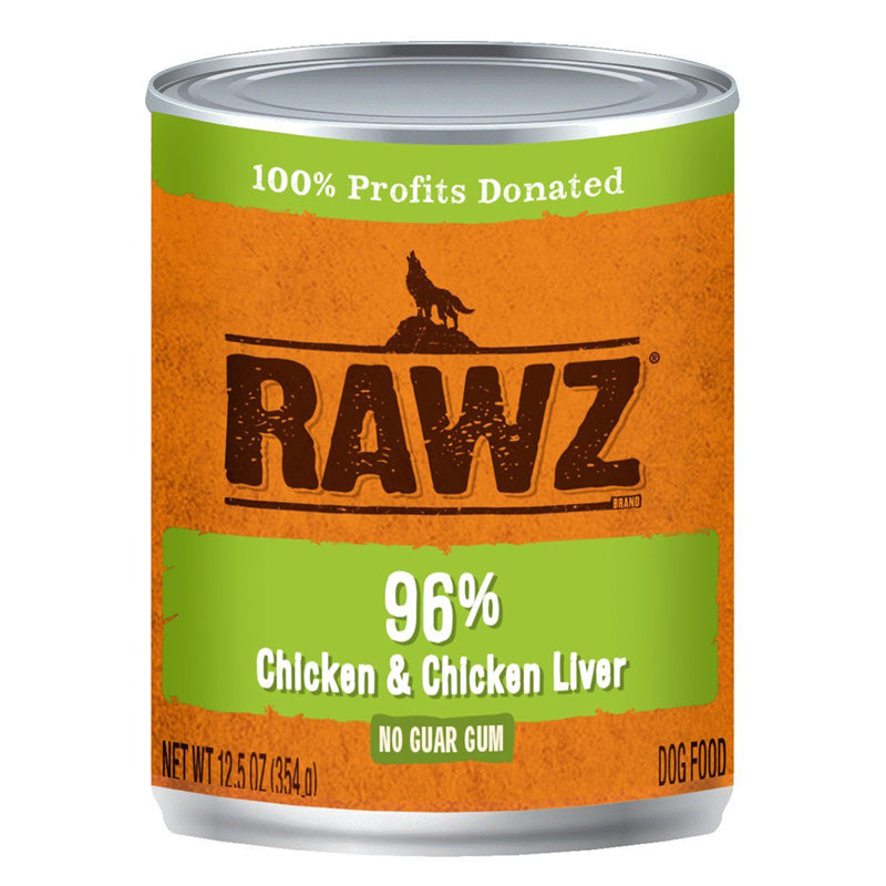 RAWZ 96% Chicken & Chicken Liver Canned Dog Food front of can.