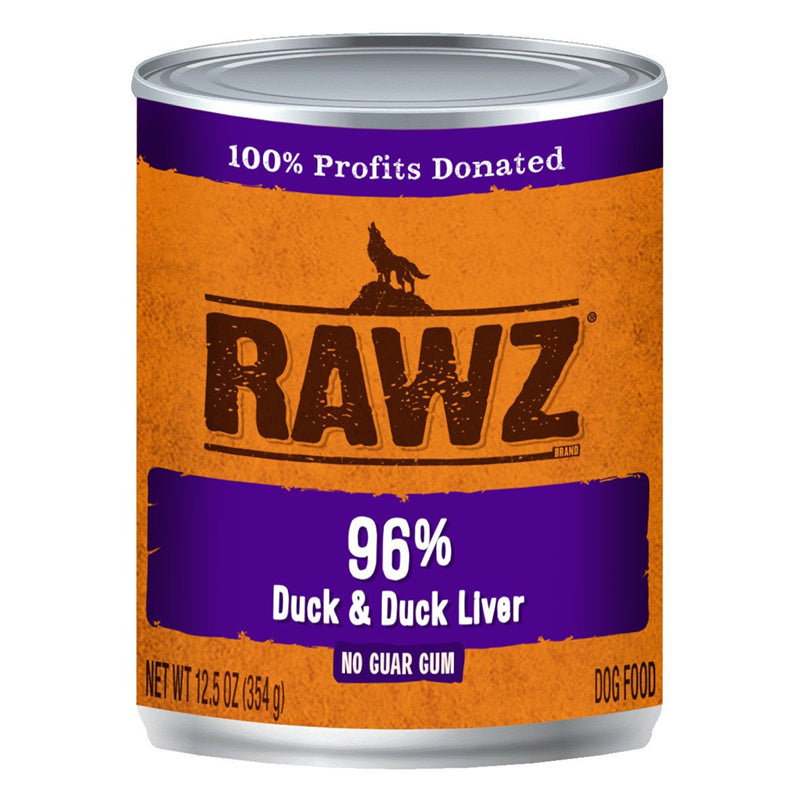 RAWZ 96% Duck & Duck Liver Canned Dog Food front of can.