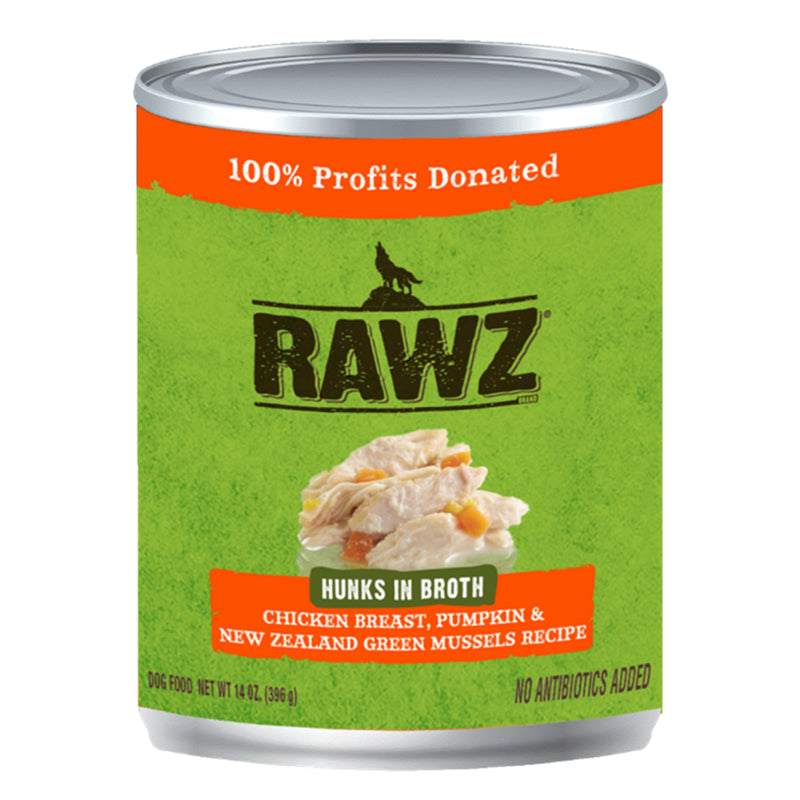 RAWZ Hunks Chicken Breast, Pumpkin, and New Zealand Green Mussels Recipe Canned Dog Food front of can.