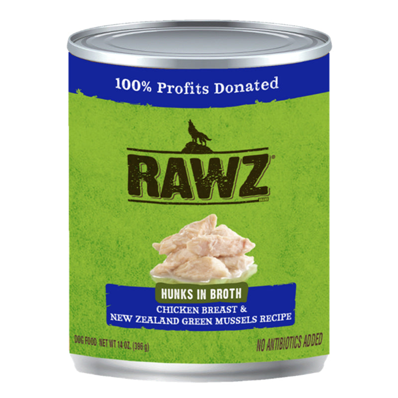 RAWZ Hunks Chicken Breast and New Zealand Green Mussels Recipe Canned Dog Food front of can.