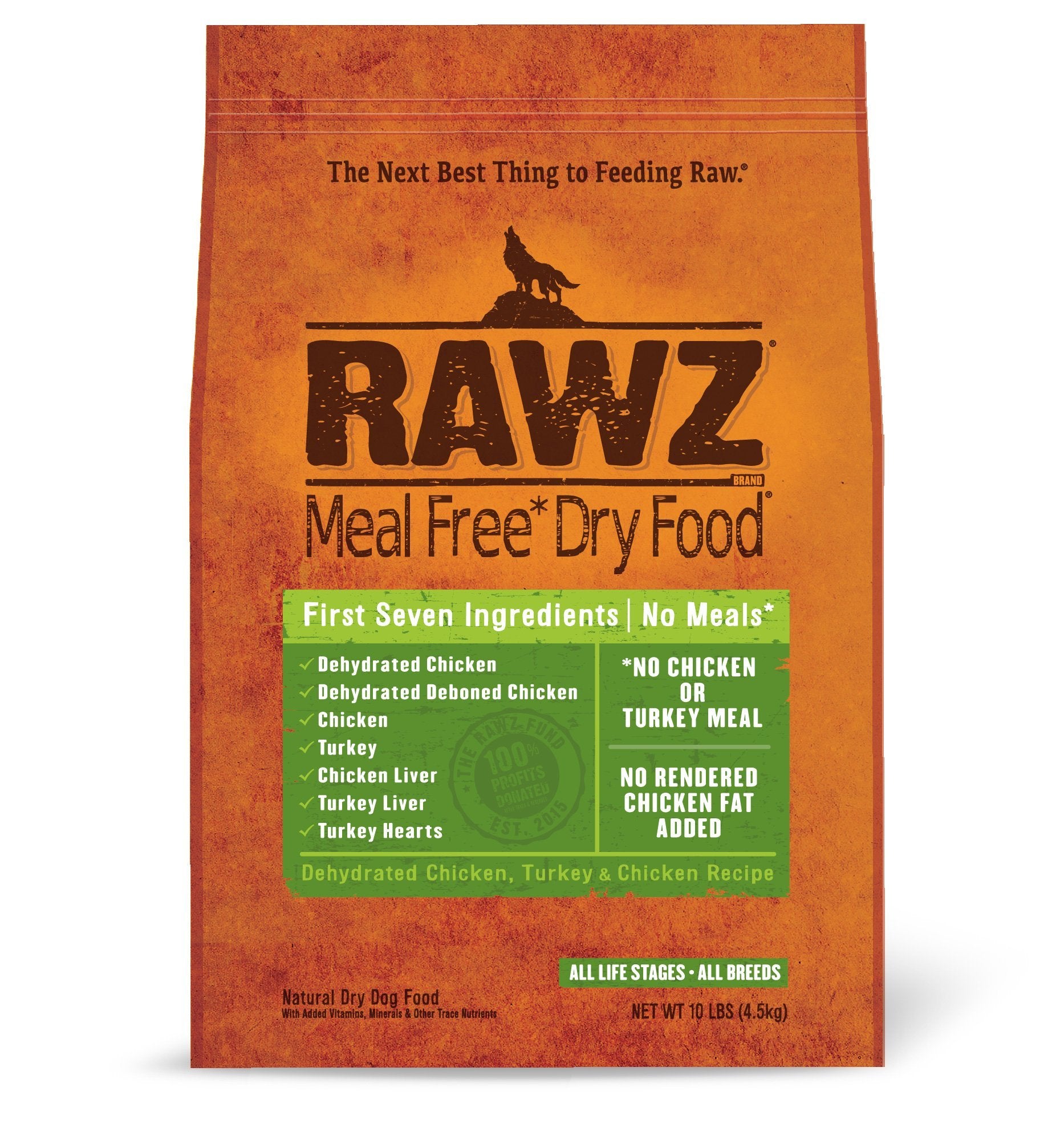 RAWZ Meal Free Chicken Recipe Dry Dog Food front of bag.