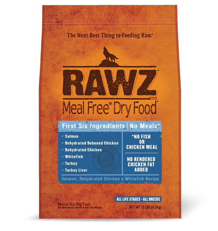 RAWZ Meal Free Fish Recipe Dry Dog Food front of bag.