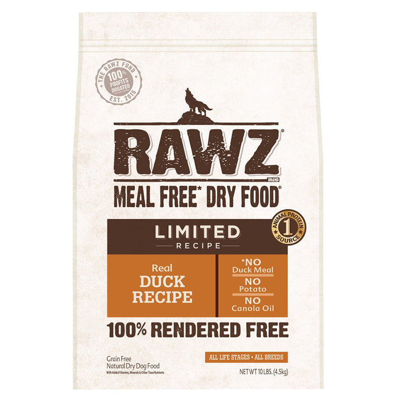RAWZ Meal Free Limited Ingredient Duck Recipe Dry Dog Food front of bag.