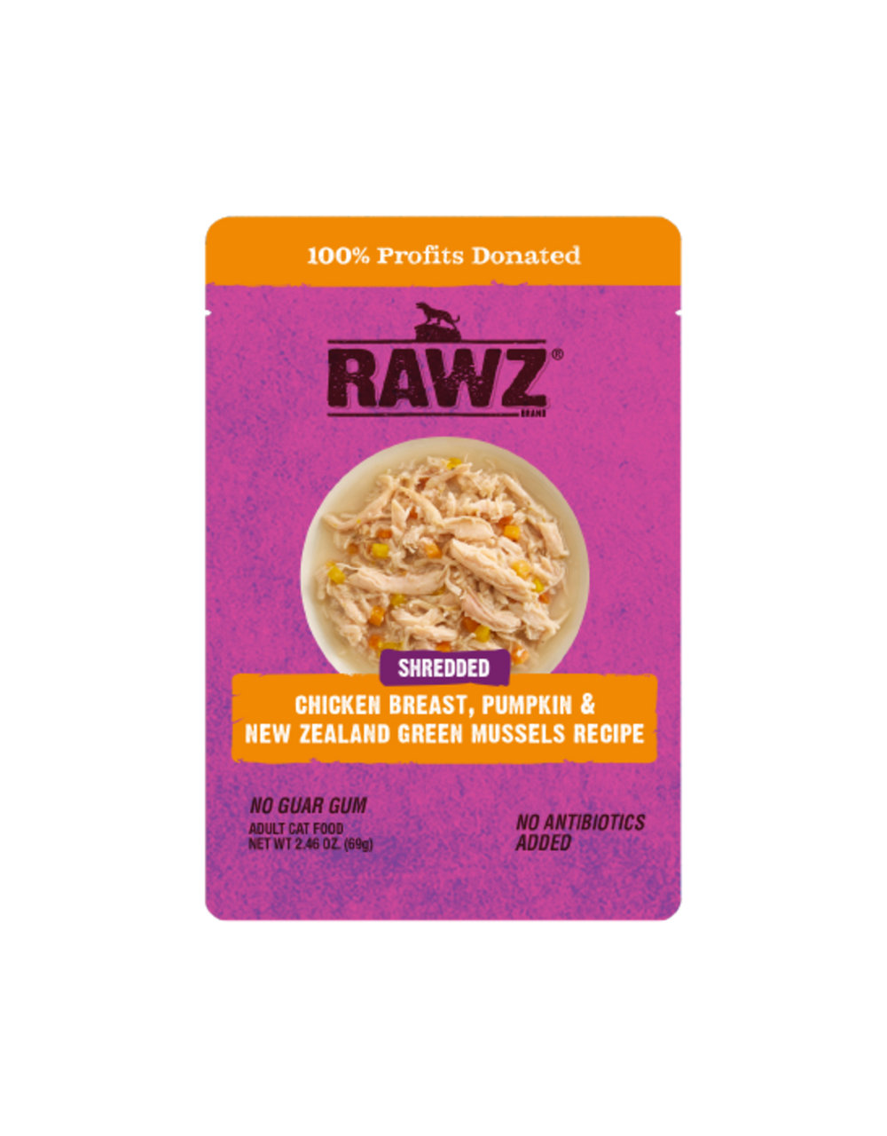 RAWZ Shredded Chicken Breast, Pumpkin & New Zealand Green Mussels Recipe Cat Food 2.46oz, Front Pouch