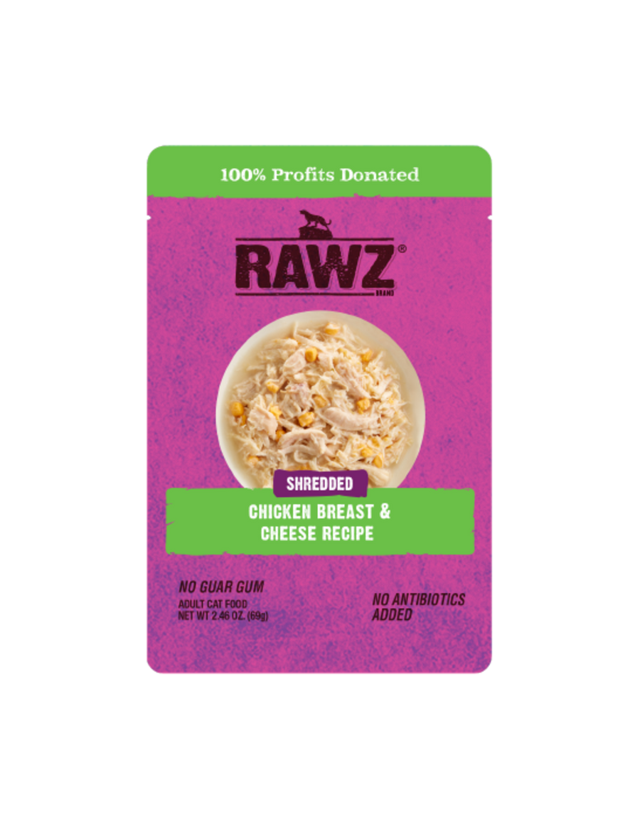 RAWZ Shredded Chicken Breast With Cheese Recipe Cat Food 2.46oz, Front Pouch
