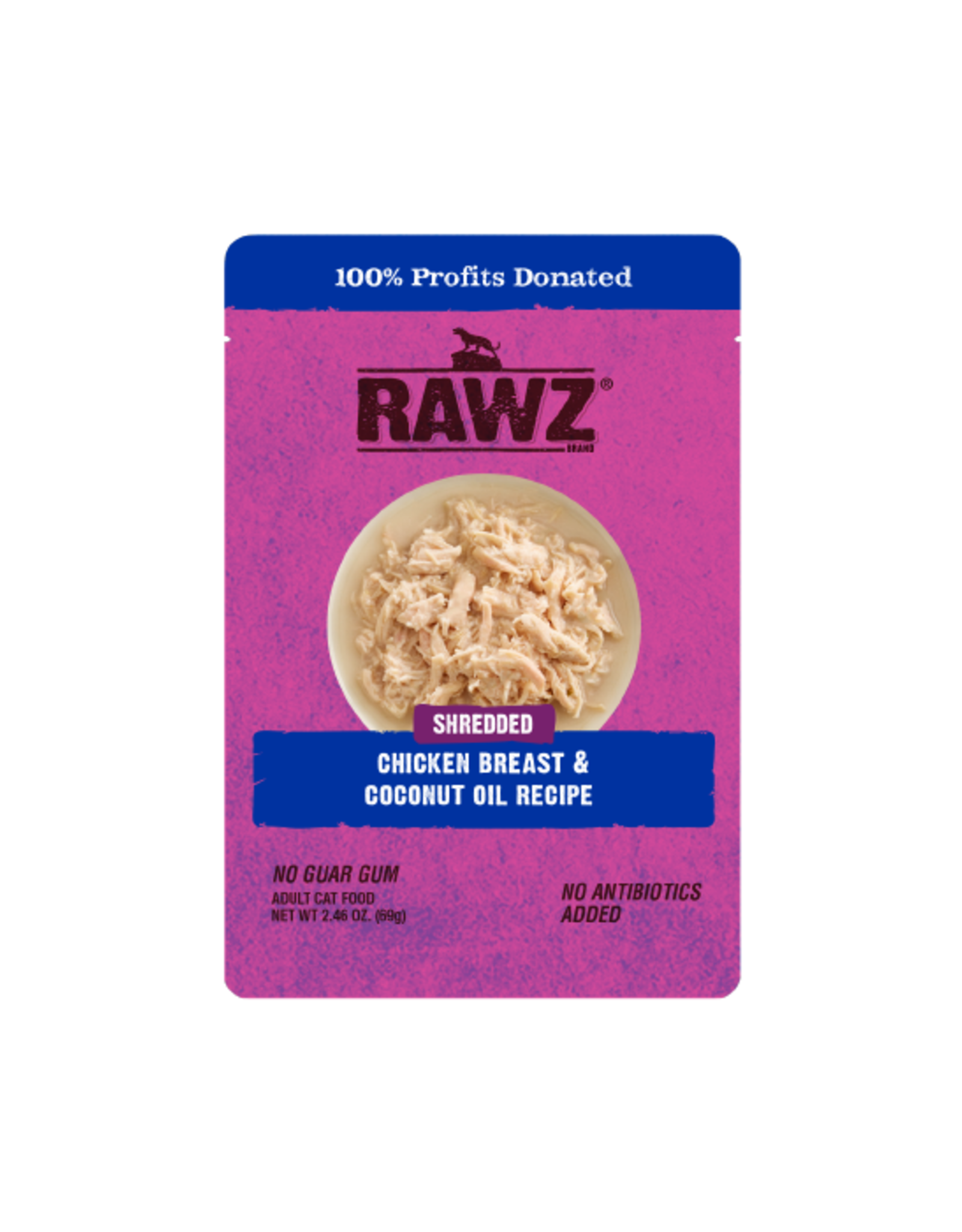 RAWZ Shredded Chicken & Coconut Oil Recipe Cat Food 2.46oz, Front Pouch