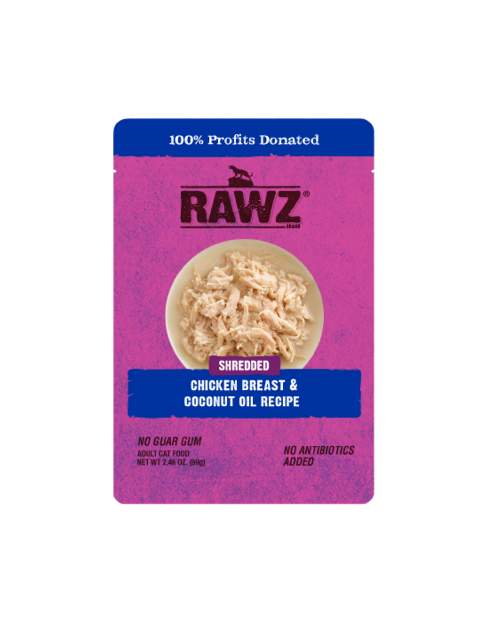 RAWZ Shredded Chicken & Coconut Oil Recipe Cat Food 2.46oz, Front Pouch