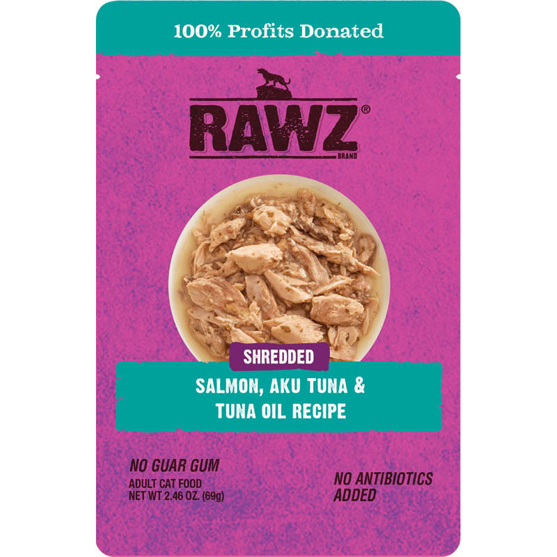 RAWZ Shredded Salmon, Aku Tuna, & Tuna Oil Recipe Cat Food 2.46oz ,Front Pouch