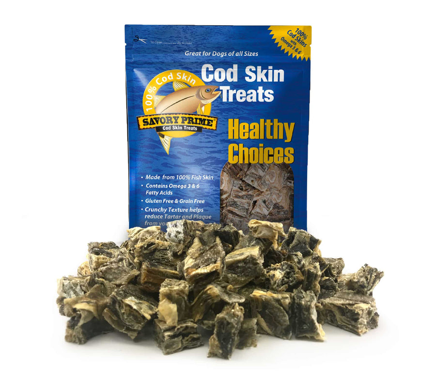 Savory Prime Cod Skin Fish Crunchy Bites Treats for Dogs Front Pouch and Pile