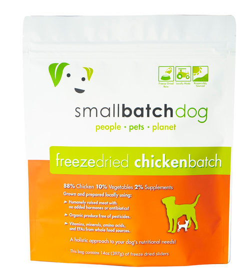 Small Batch Freeze Dried Chicken Dog Sliders 14oz, Front Pouch
