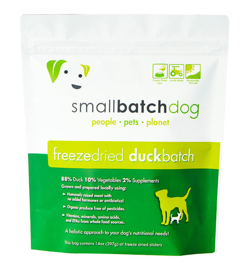 Small Batch Freeze Dried Duck Dog Food 14oz, Front Pouch