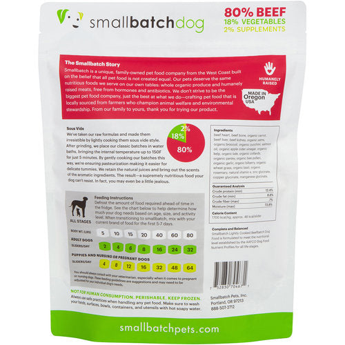 Small Batch Lightly Cooked Beef Sliders Frozen Dog Food 5LB, Back Pouch
