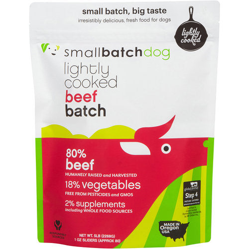 Small Batch Lightly Cooked Beef Sliders Frozen Dog Food 5LB, Front Pouch