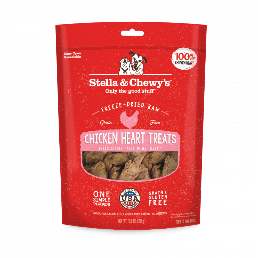 Stella & Chewy's Freeze Dried Raw Chicken Hearts Dog Treats 11.5oz, Front Pouch