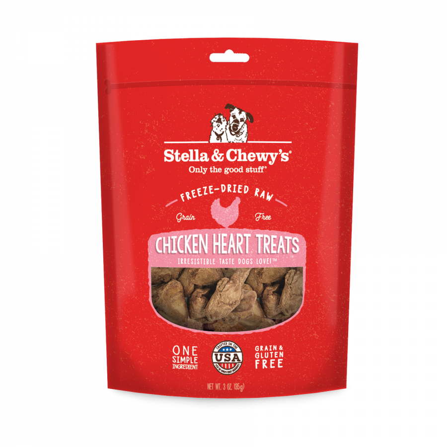 Stella & Chewy's Freeze Dried Raw Chicken Hearts Dog Treats 3oz, Front Pouch