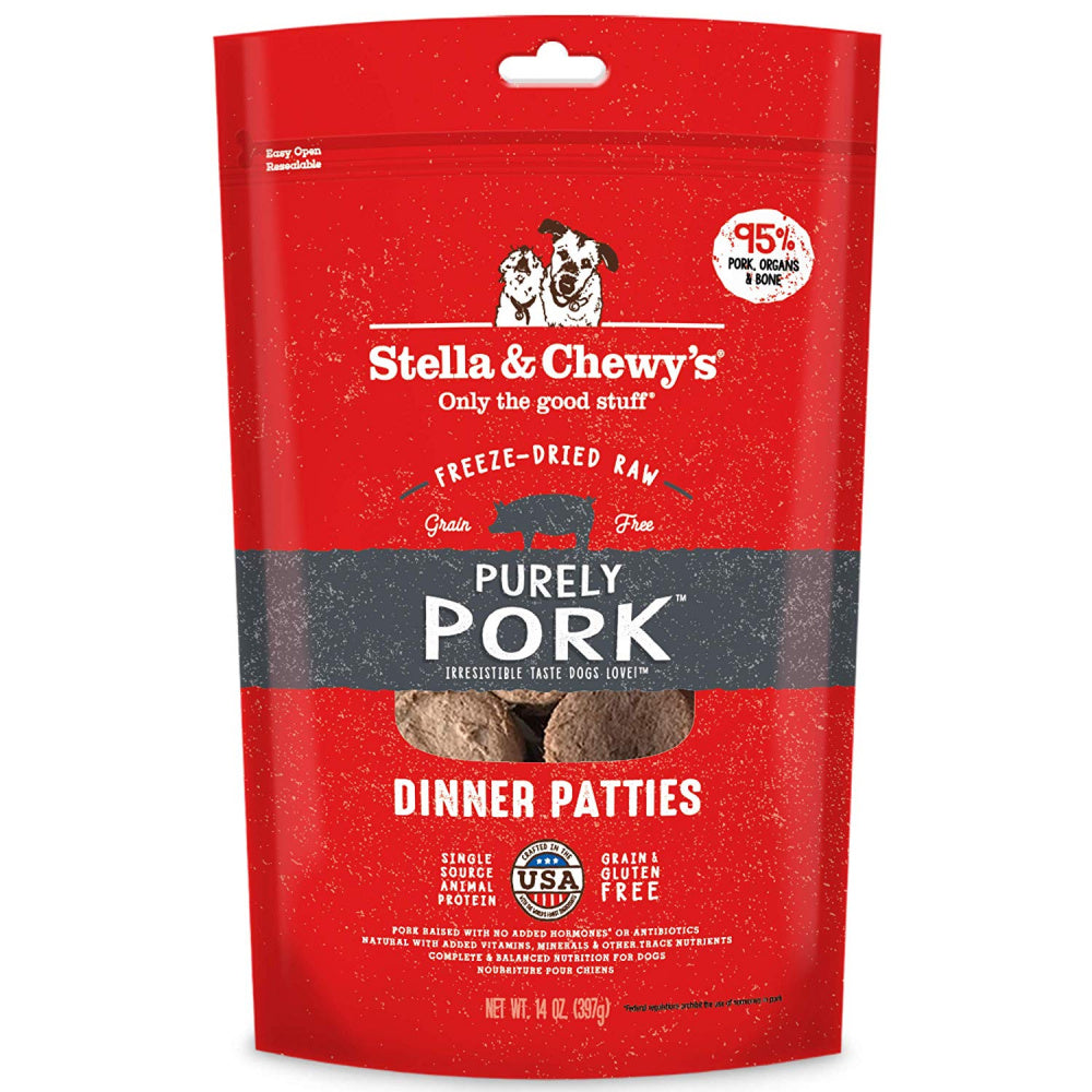 Stella & Chewy's Purely Pork Grain Free Dinner Patties Freeze Dried Raw Dog Food 14oz, Front Pouch