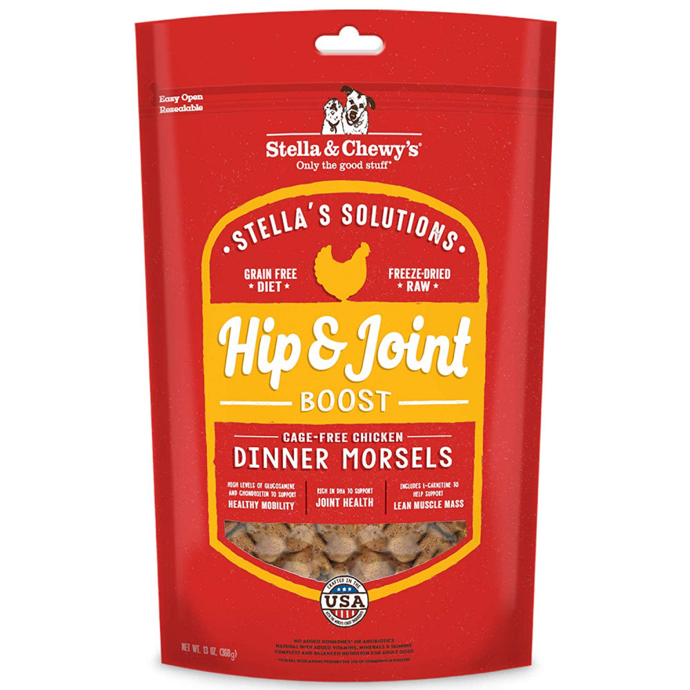 Stella & Chewy's Stella's Solutions Grain Free Hip & Joint Boost Cage Free Chicken Dinner Morsels Freeze-Dried Raw Dog Food 13oz, Front Pouch