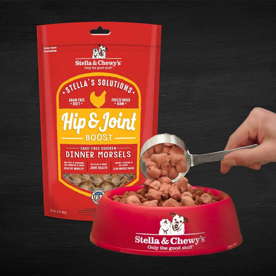 Stella & Chewy's Stella's Solutions Grain Free Hip & Joint Boost Cage Free Chicken Dinner Morsels Freeze-Dried Raw Dog Food, Pouch and in a pet bowl