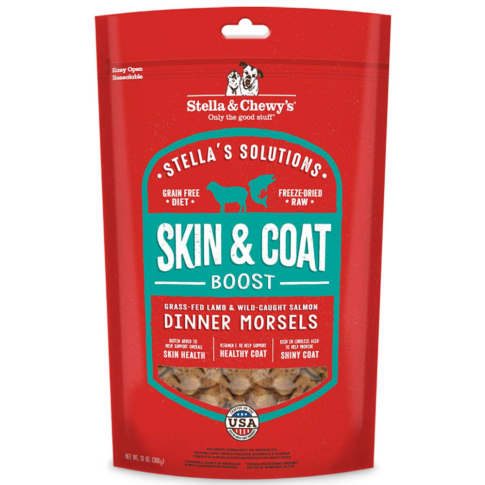 Stella & Chewy's Stella's Solutions Skin & Coat Boost Grass Fed Lamb & Wild Caught Salmon Dinner Morsels Freeze-Dried Raw Dog Food 13oz,Front Pouch