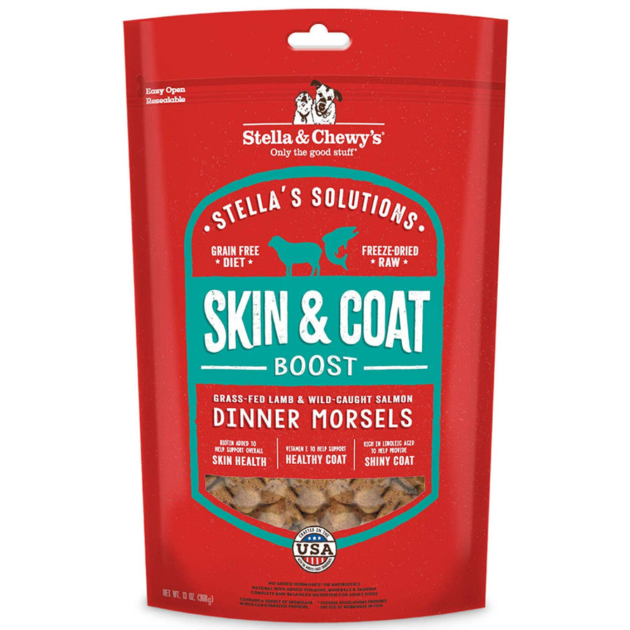 Stella & Chewy's Stella's Solutions Skin & Coat Boost Grass Fed Lamb & Wild Caught Salmon Dinner Morsels Freeze-Dried Raw Dog Food 13oz,Front Pouch