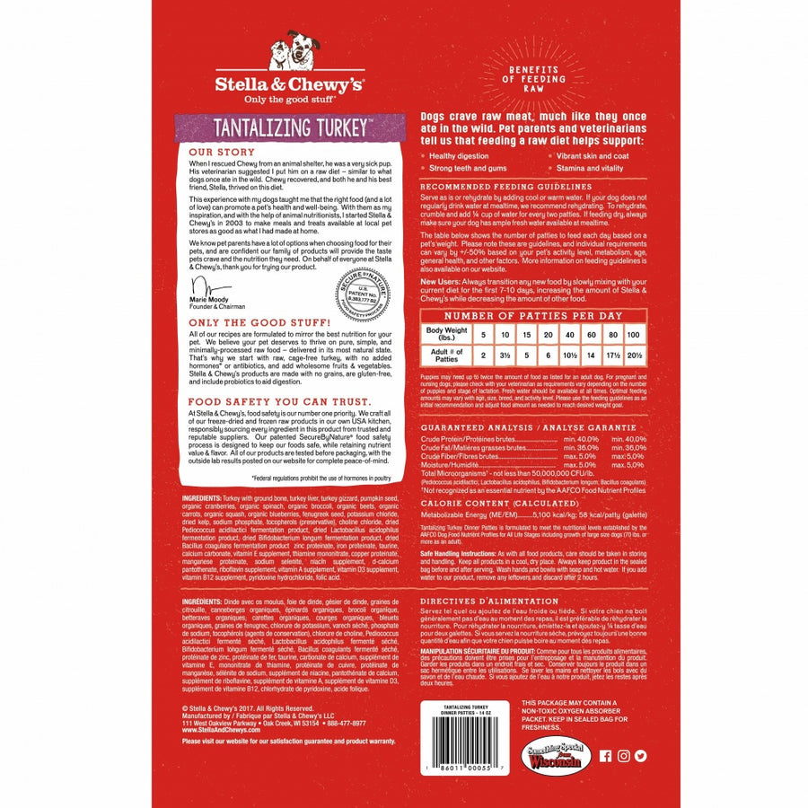 Stella & Chewy's Tantalizing Turkey Grain Free Dinner Patties Freeze Dried Raw Dog Food Back Pouch